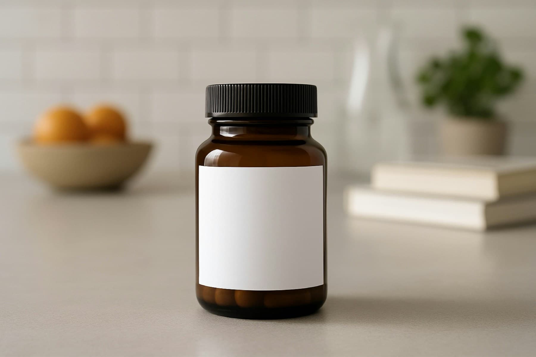 An amber prescription bottle on the pharmacy counter