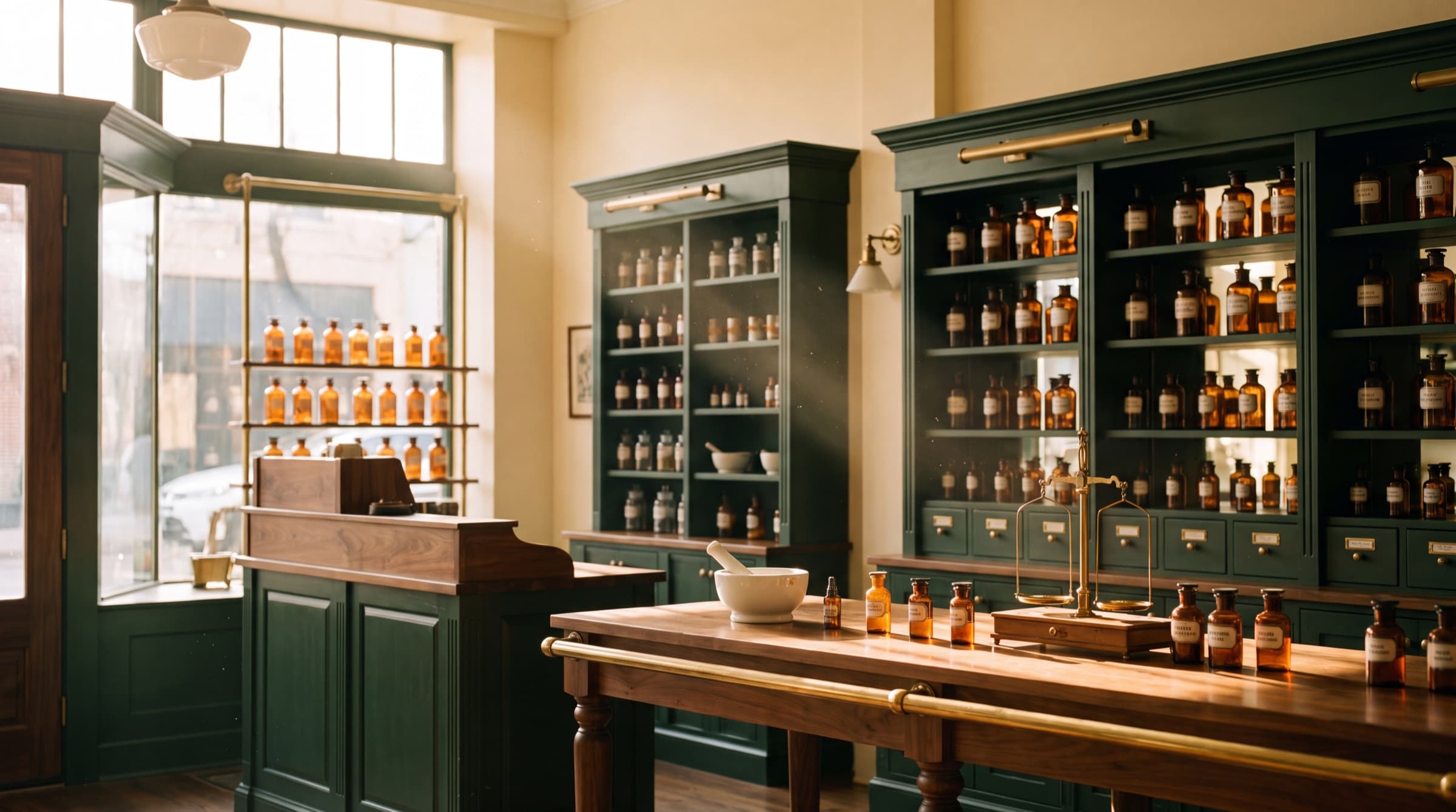The pharmacy floor — forest-green cabinetry and brass rails lined with amber apothecary bottles, lit by golden afternoon light