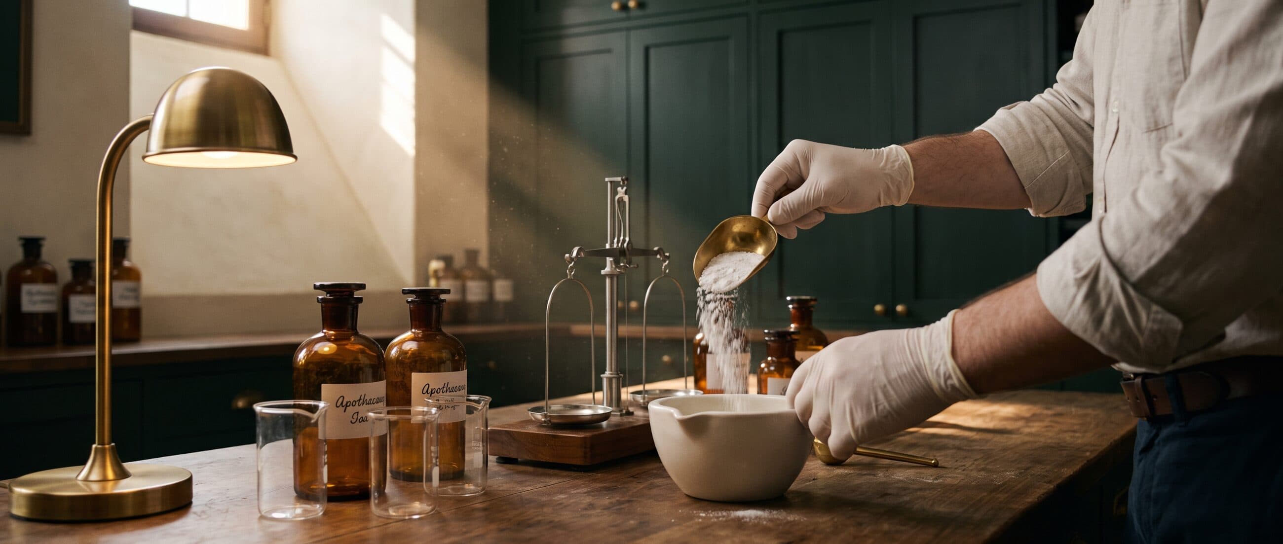 Gloved hands pouring fine powder from a brass scoop into a porcelain mortar at the compounding bench, in a shaft of window light