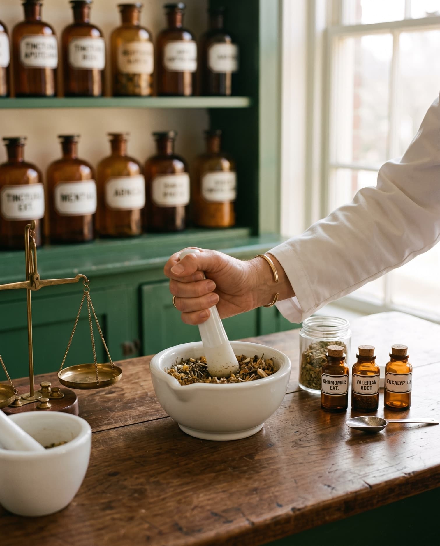 A pharmacist grinding herbs with a mortar and pestle beside a brass balance and labeled amber vials, photographed in black and white