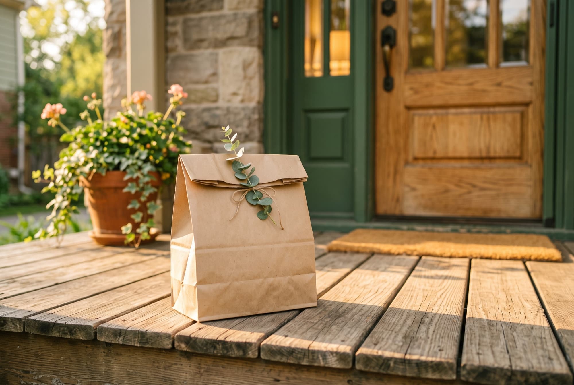 A kraft-paper pharmacy delivery bag tied with a sprig of eucalyptus, left on a sunlit doorstep by a green front door