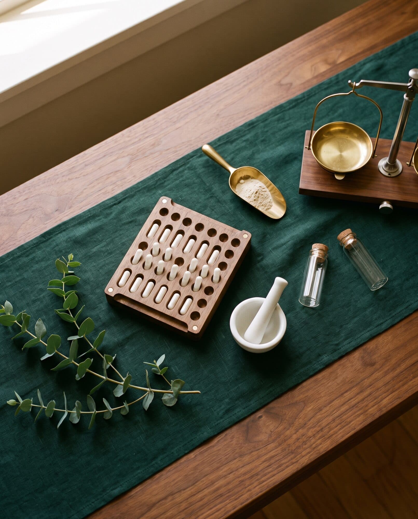 The compounding bench, laid out: capsule tray, brass scoop, balance and a sprig of eucalyptus