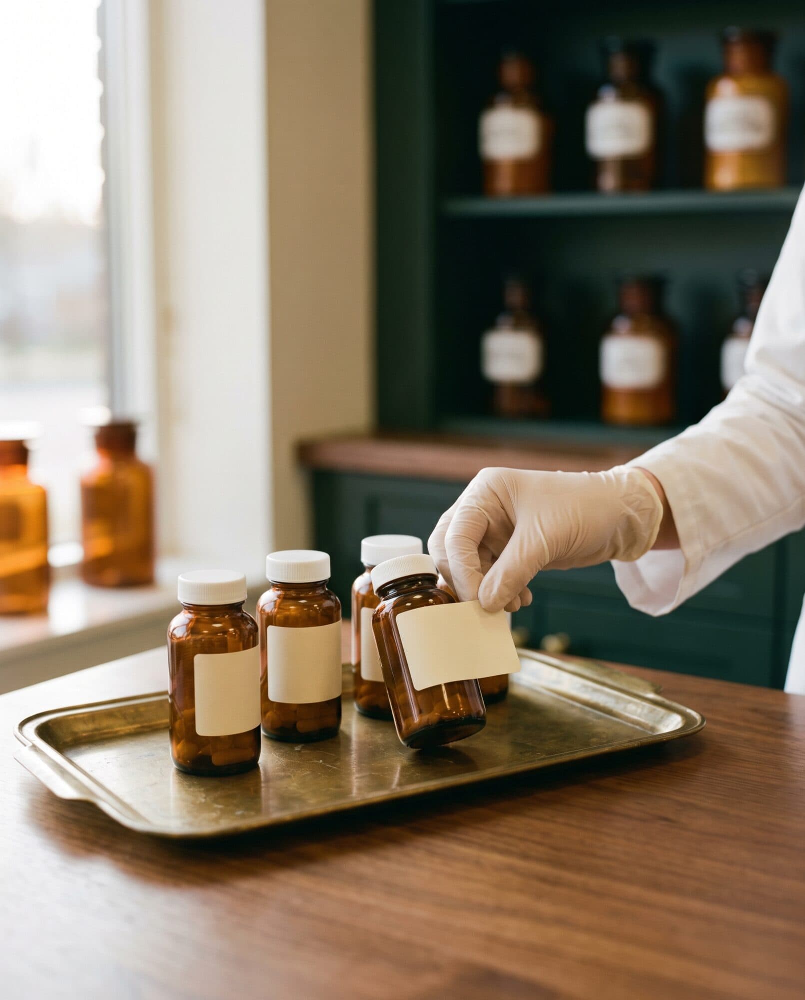 A pharmacist labeling amber prescription vials on a brass tray at the counter