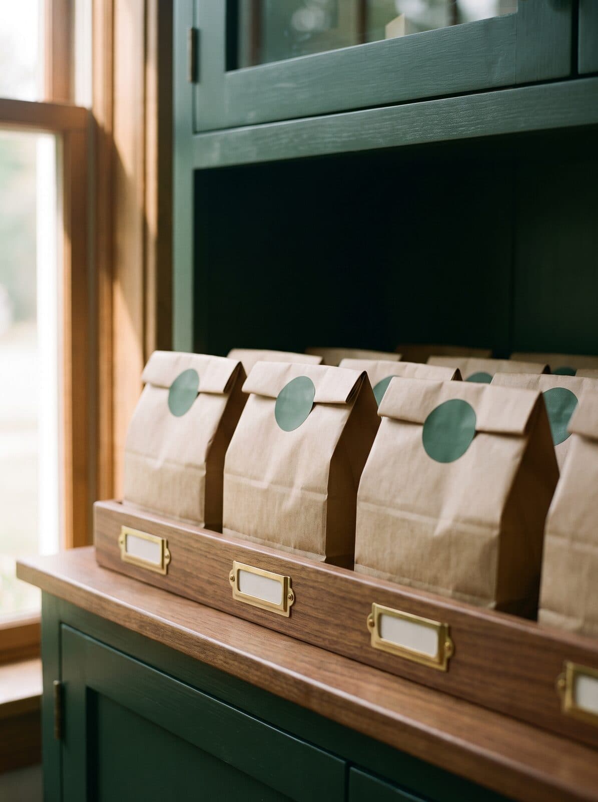 Kraft-paper prescription bags sealed with green stickers, waiting for pickup
