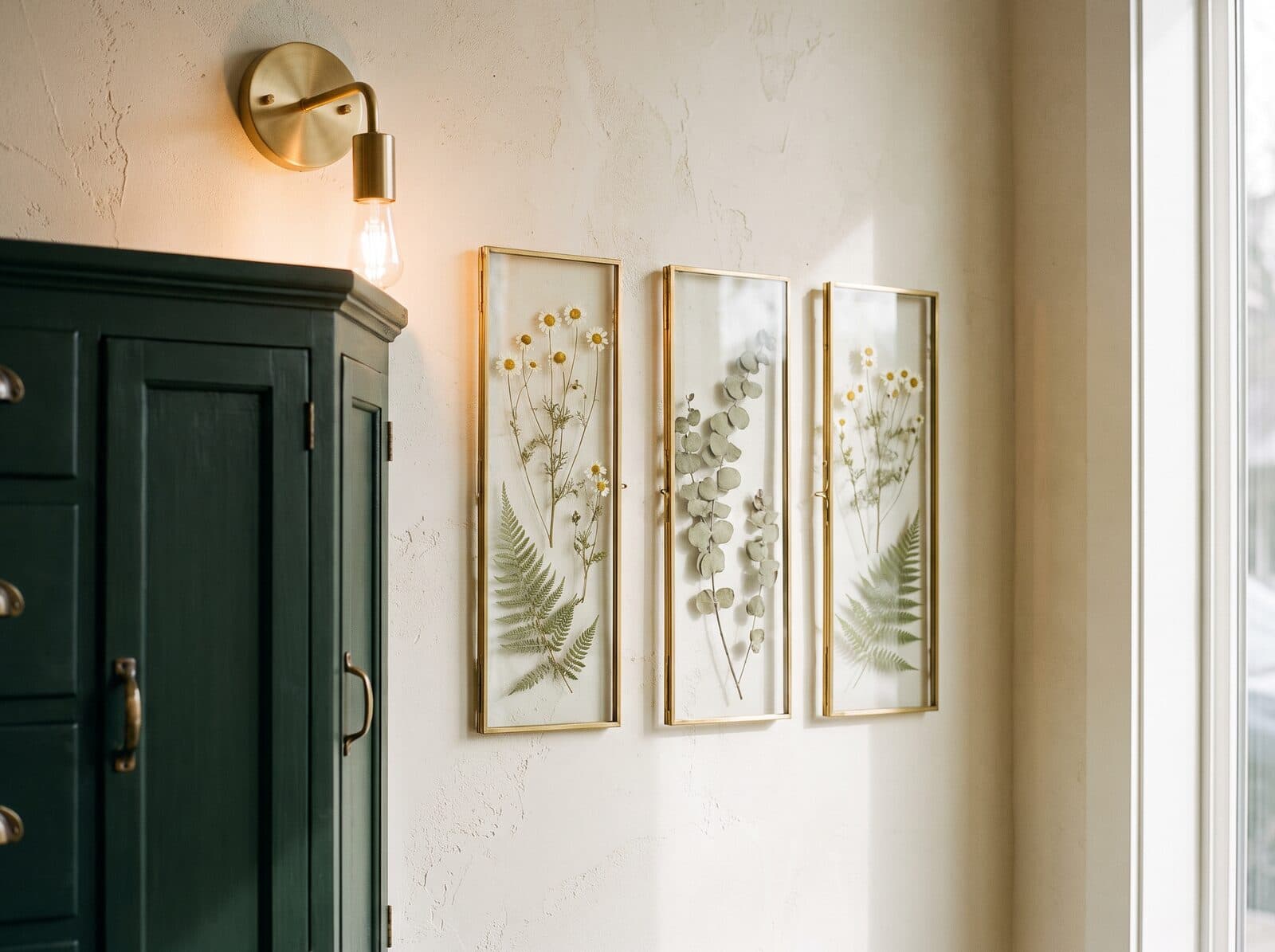 Framed pressed botanicals on a plaster wall beside a green cabinet