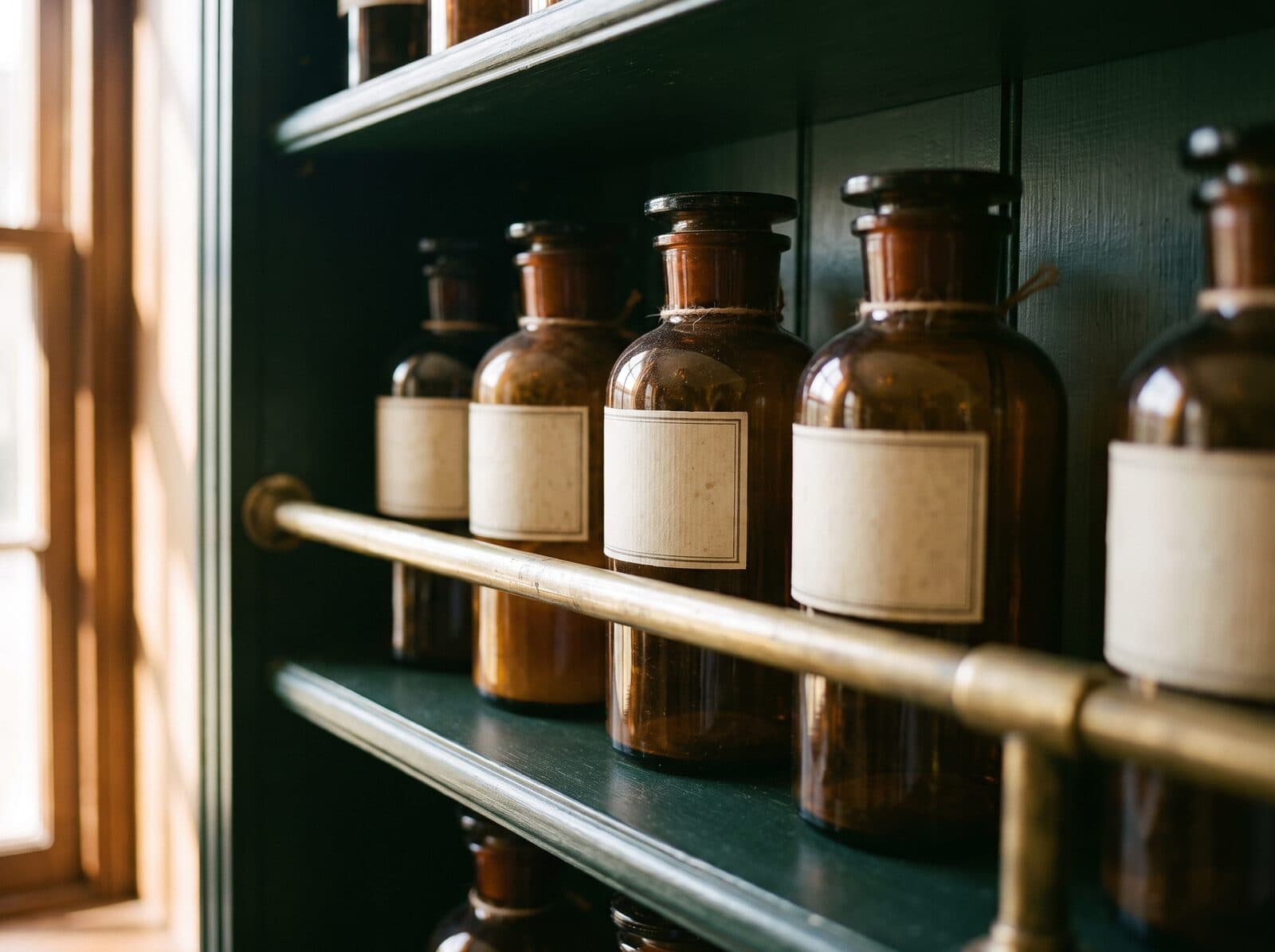Amber apothecary bottles behind a brass rail