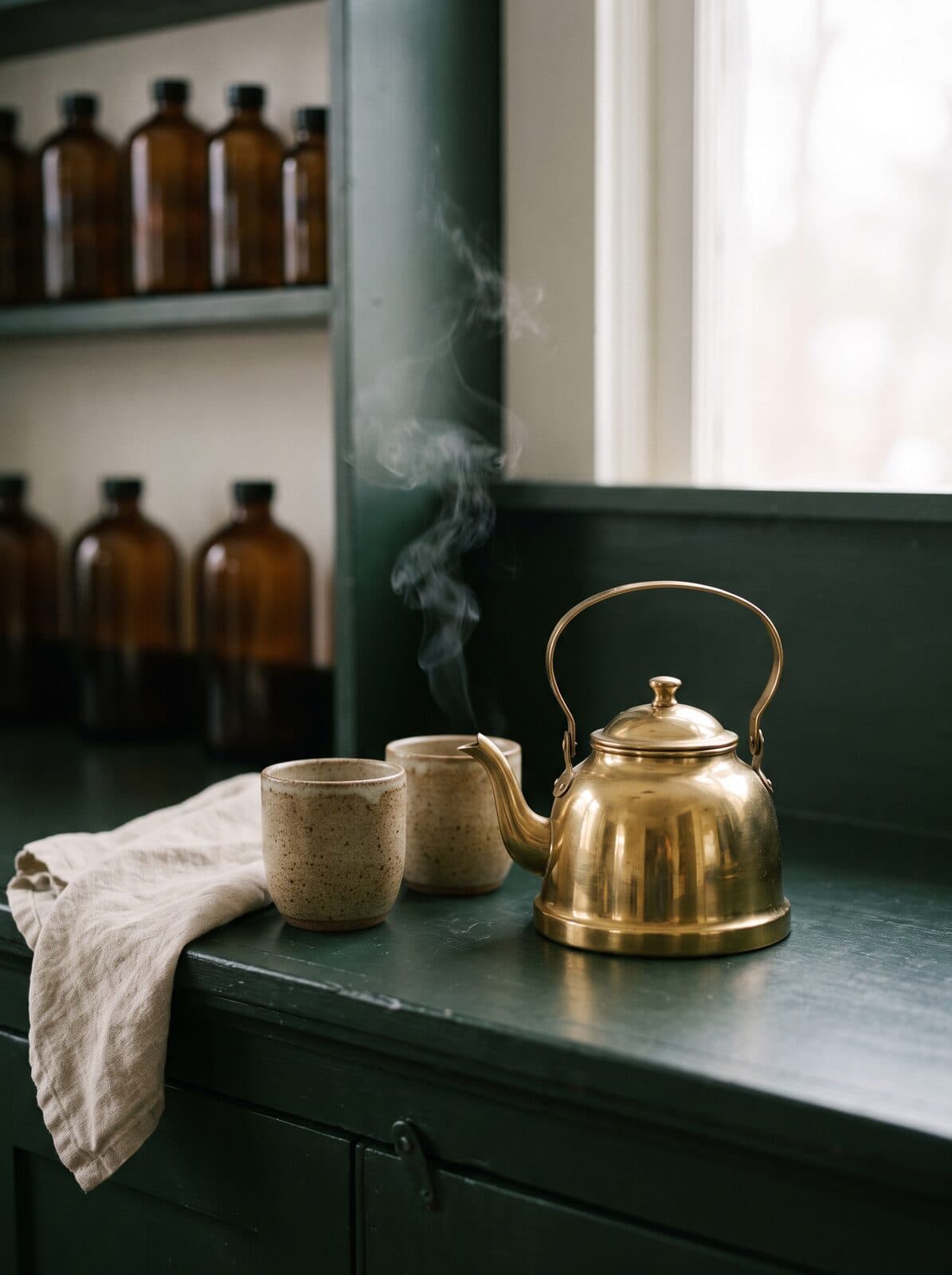 A brass kettle steaming beside two stoneware cups