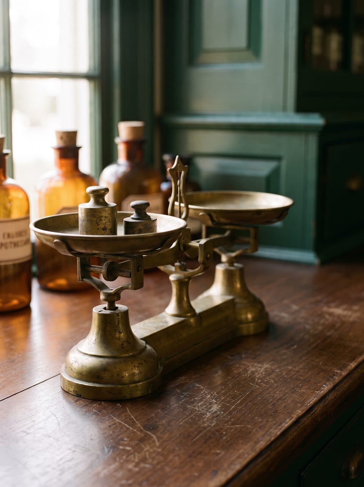 An antique brass balance scale on the walnut counter