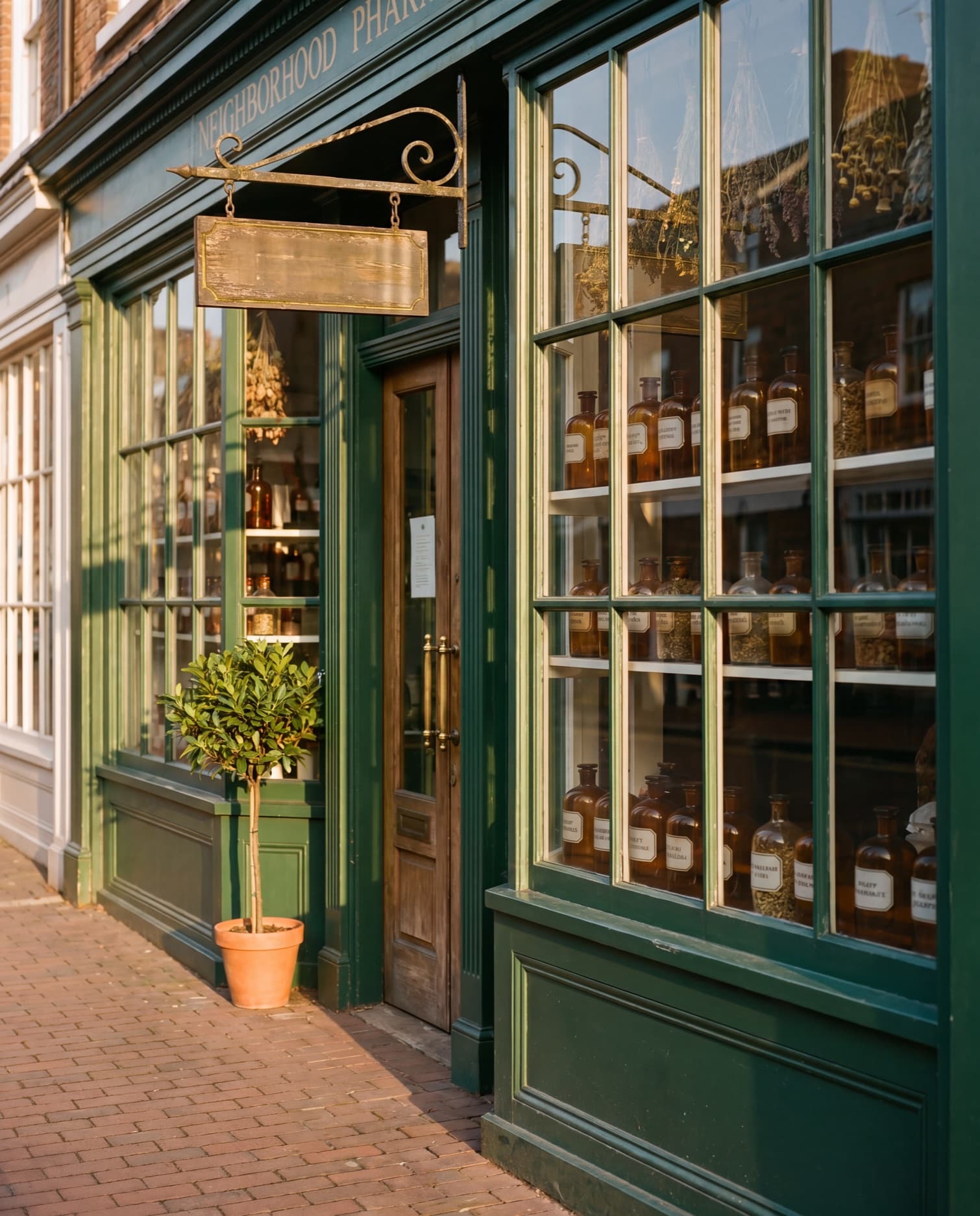 The pharmacy storefront — a deep-green shopfront with a brass sign and amber apothecary bottles in the sunlit windows