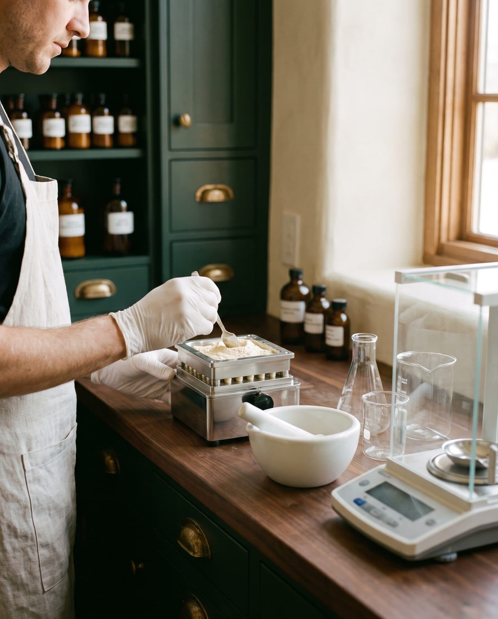 Gloved hands filling capsules at the compounding bench