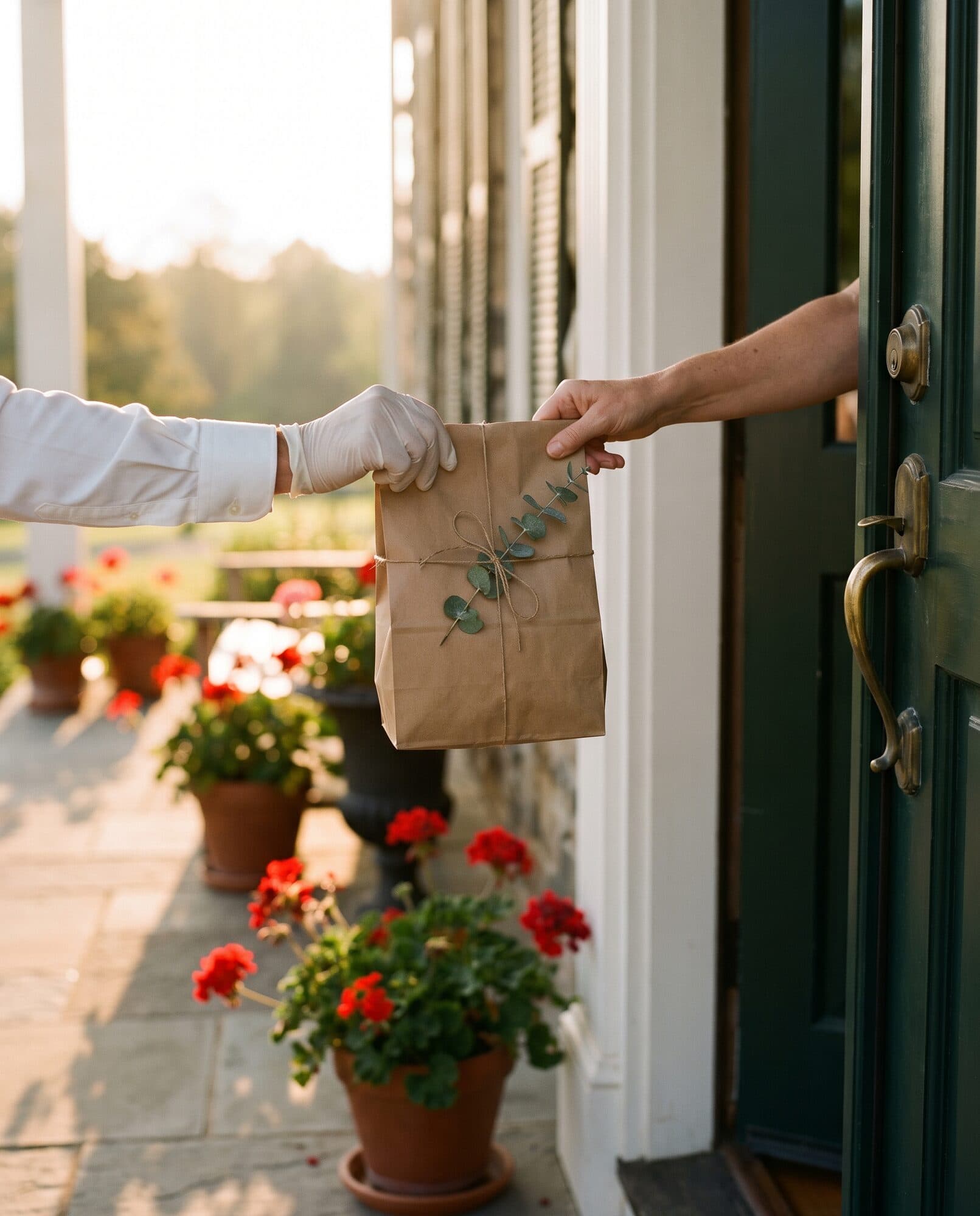 A kraft-paper pharmacy bag handed over at a green front door in evening light