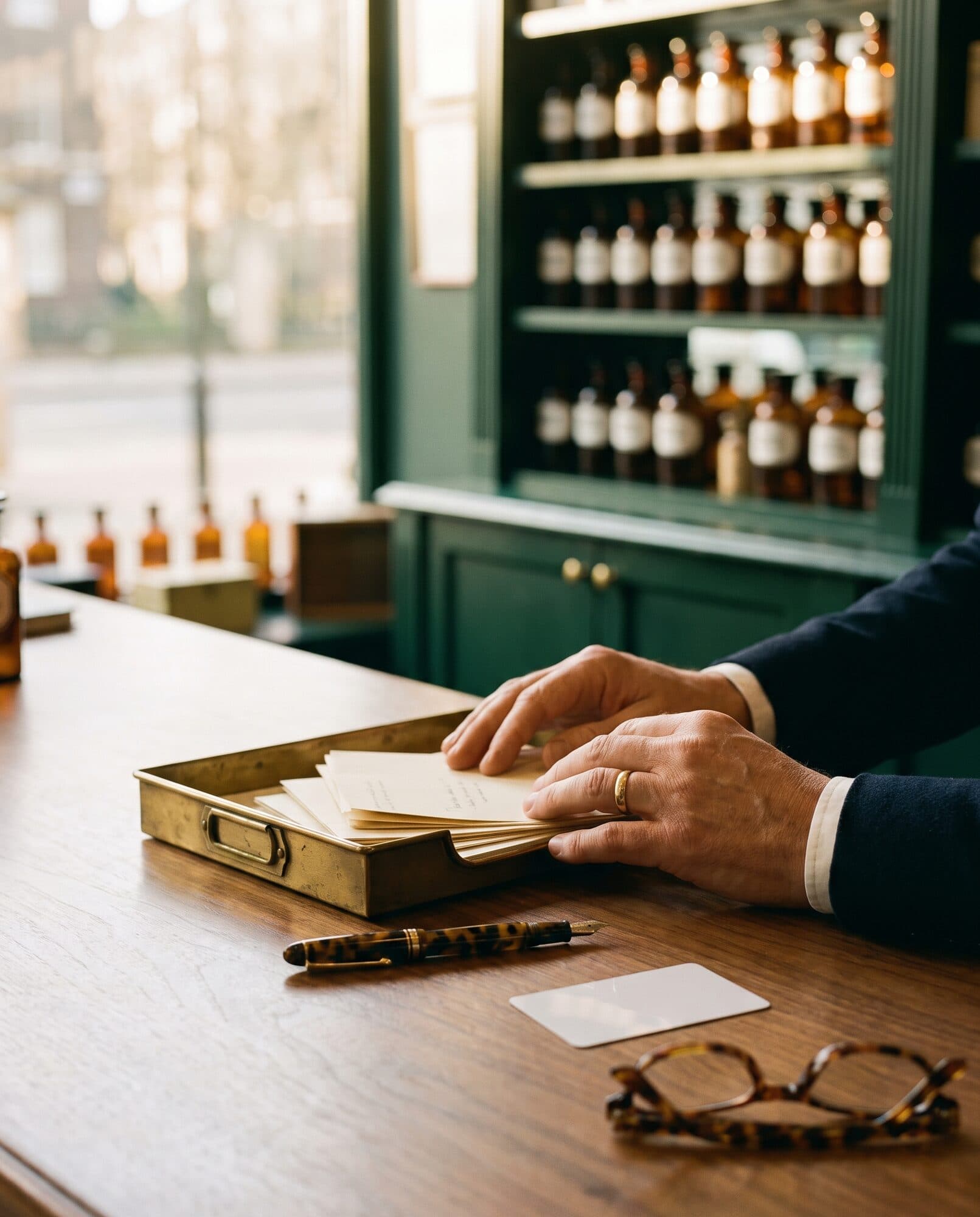 Paperwork in a brass letter tray with a fountain pen and reading glasses