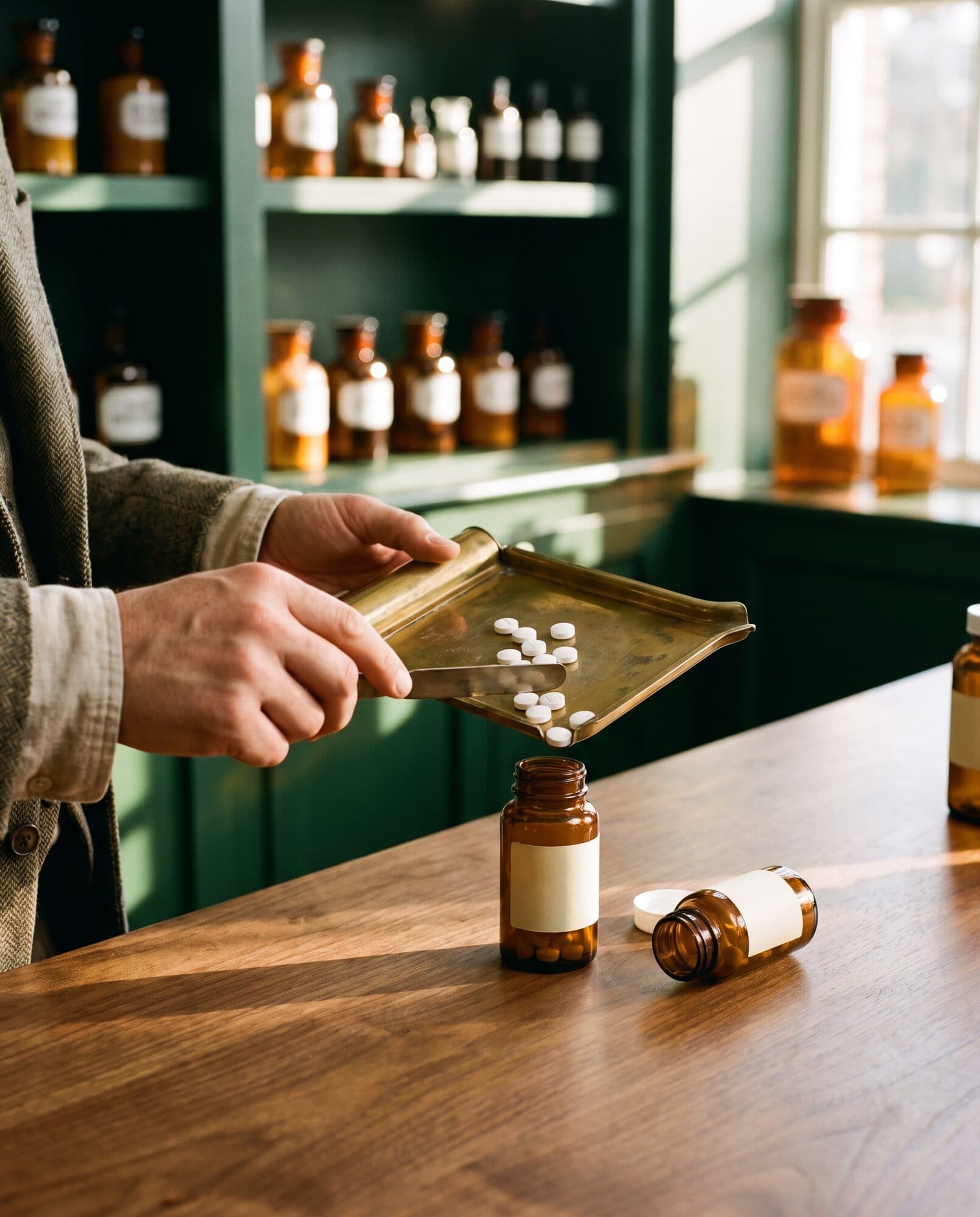 Tablets being counted on a brass tray beside an amber prescription vial