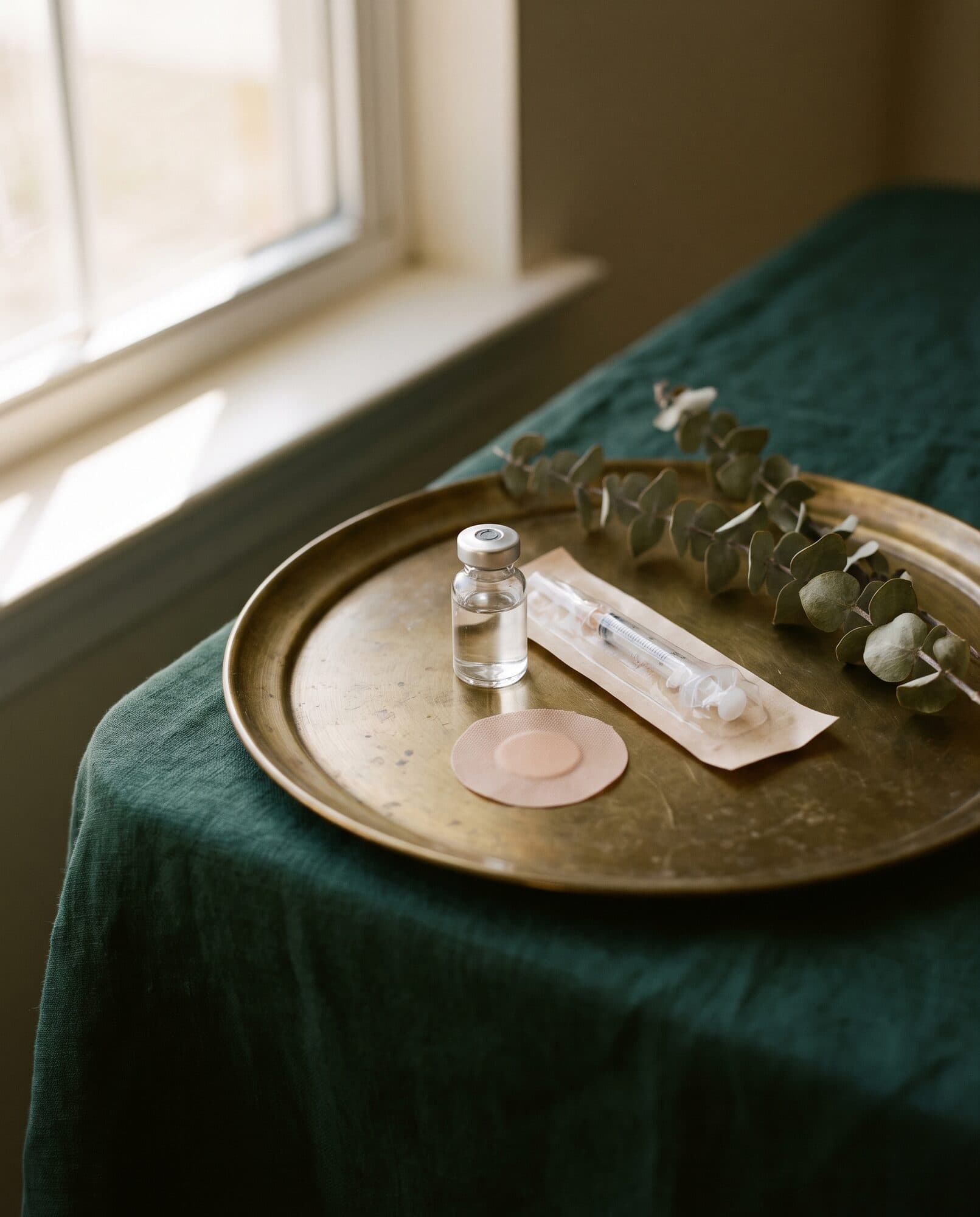 A vaccine vial, syringe and bandage laid out on a brass tray