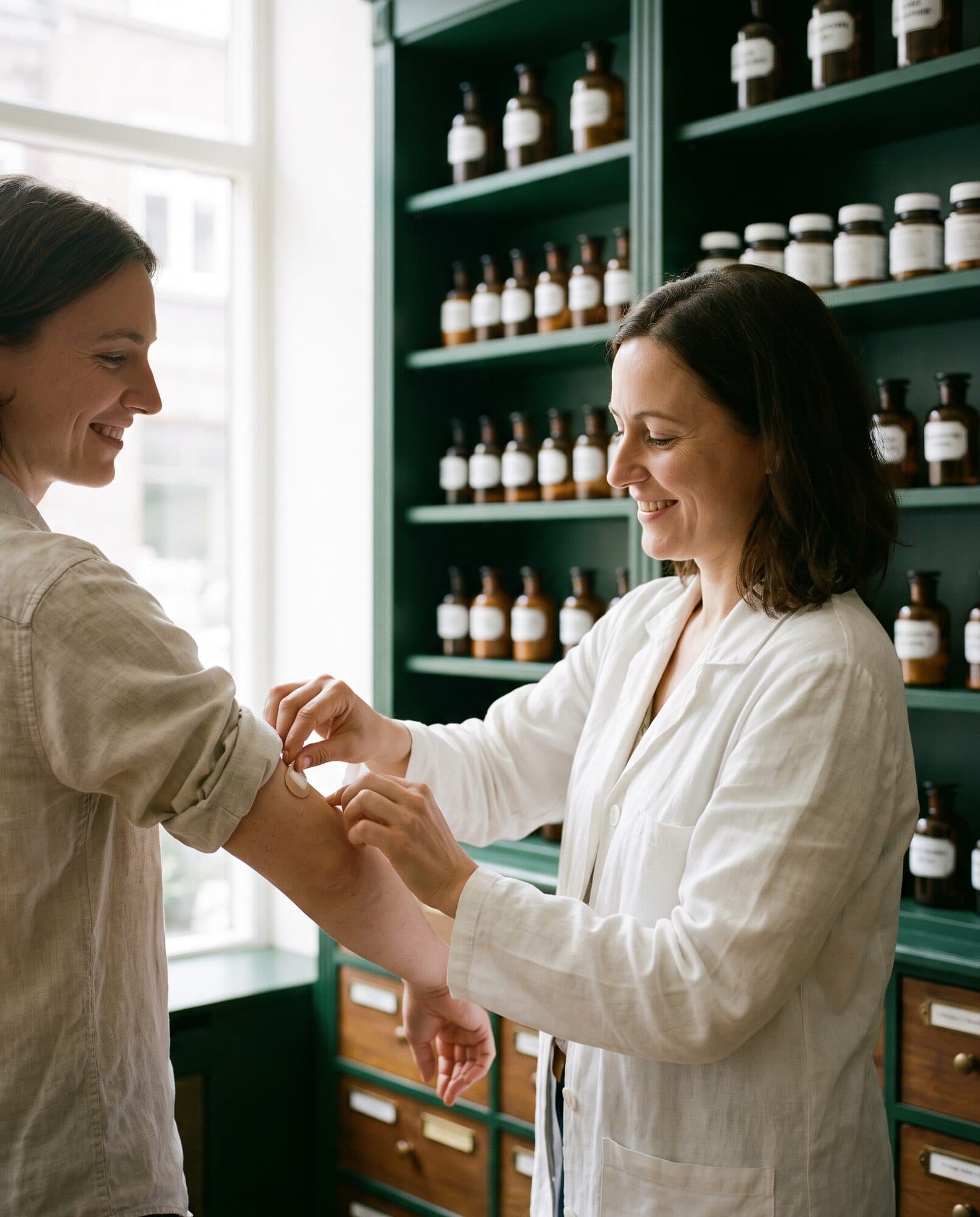 A pharmacist smoothing a small bandage onto a patient's arm after a vaccination