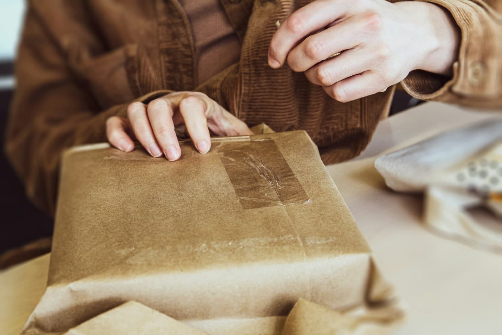 Hands wrapping a prescription order in kraft paper for delivery