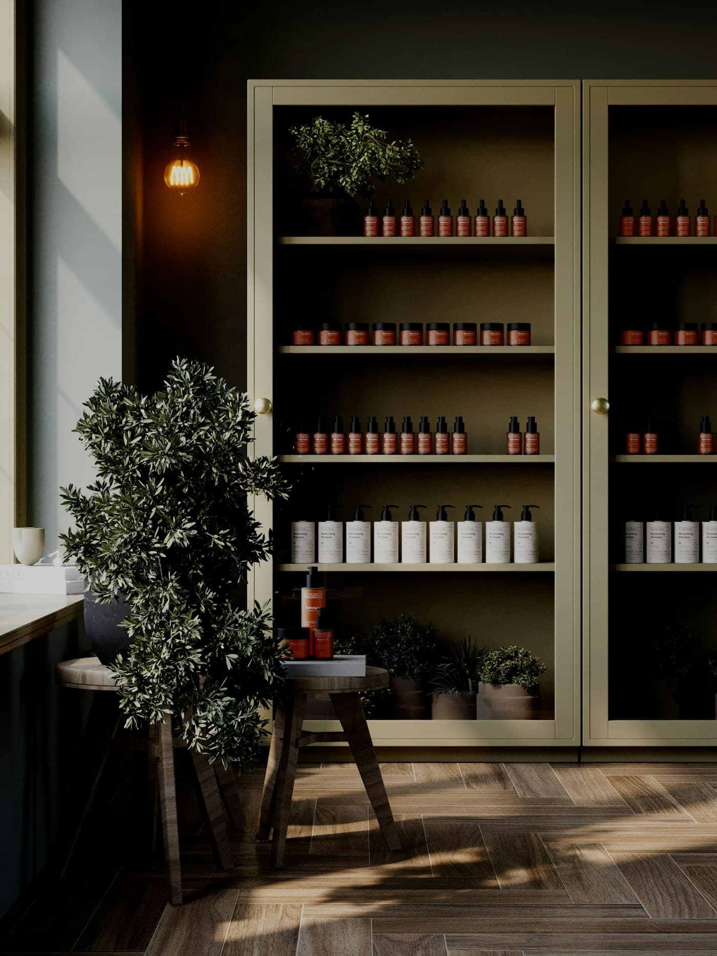 Inside the pharmacy — a deep-green cabinet of remedies beside the front window